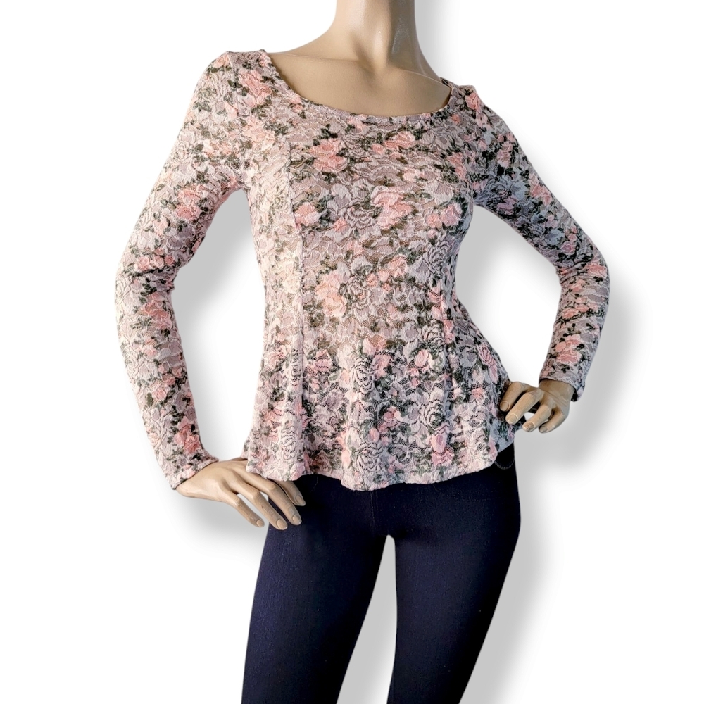 Level Eight Pink, White & Green Floral Semi-Sheer Lace Peplum Blouse Size Medium